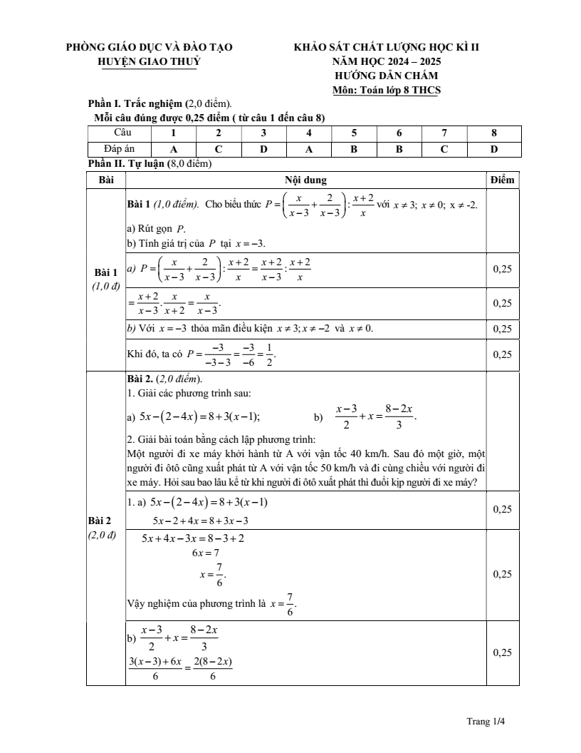 Đề thi Học kì 2 Toán 8 phòng GD&ĐT Giao Thủy (Nam Định) năm 2024-2025