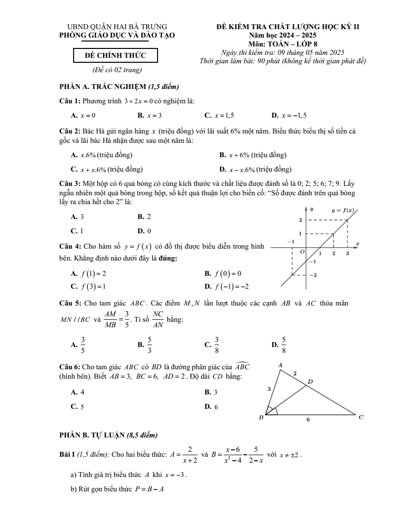 Đề thi Học kì 2 Toán 8 phòng GD&ĐT Hai Bà Trưng (Hà Nội) năm 2024-2025