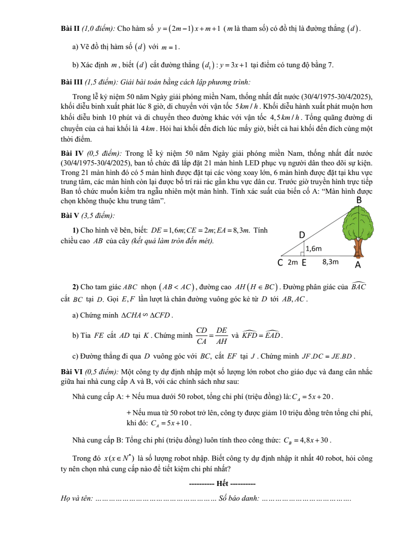 Đề thi Học kì 2 Toán 8 phòng GD&ĐT Hai Bà Trưng (Hà Nội) năm 2024-2025