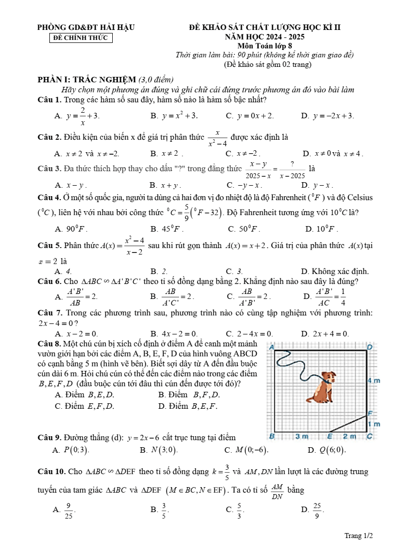 Đề thi Học kì 2 Toán 8 phòng GD&ĐT Hải Hậu (Nam Định) năm 2024-2025