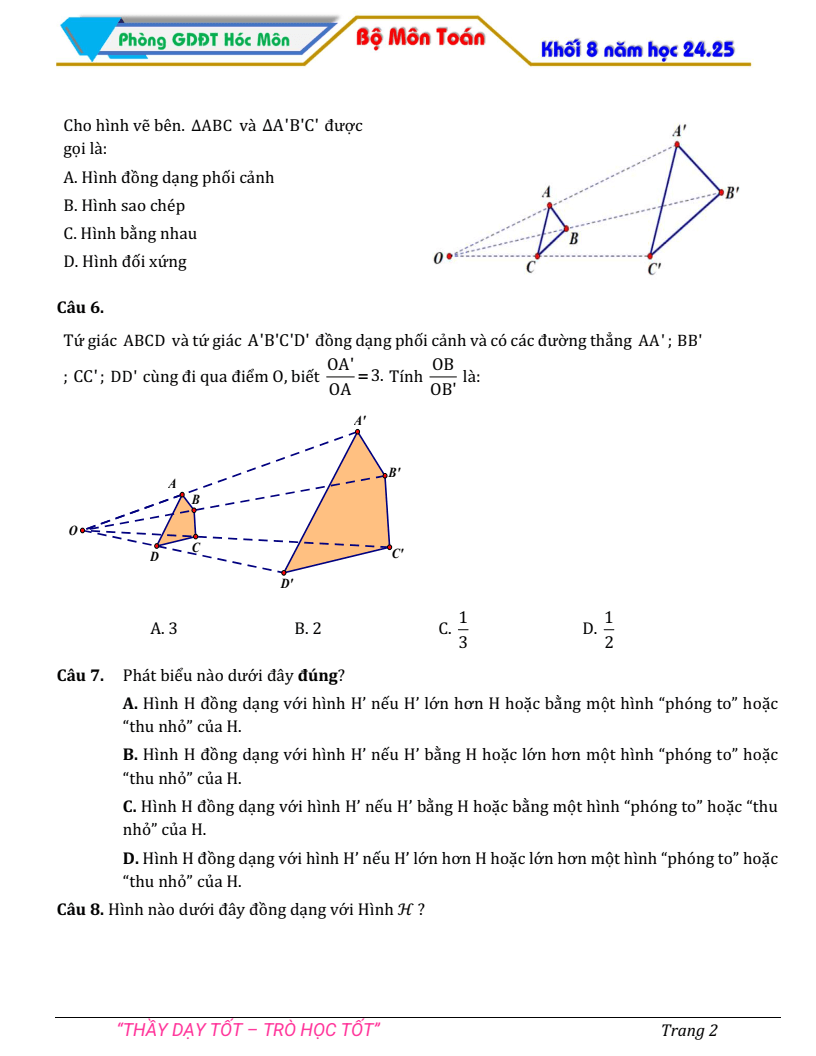 Đề thi Học kì 2 Toán 8 phòng GD&ĐT Hóc Môn (Tp.HCM) năm 2024-2025
