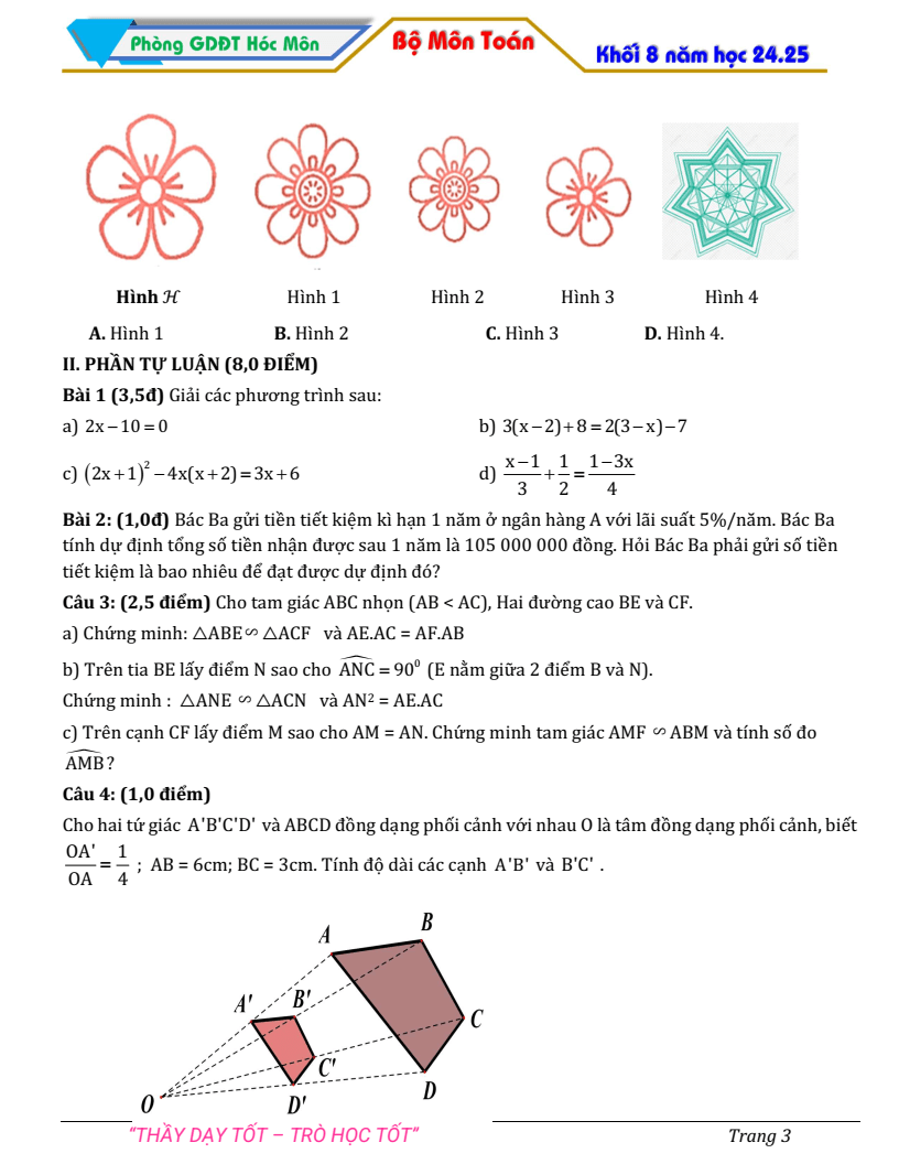 Đề thi Học kì 2 Toán 8 phòng GD&ĐT Hóc Môn (Tp.HCM) năm 2024-2025