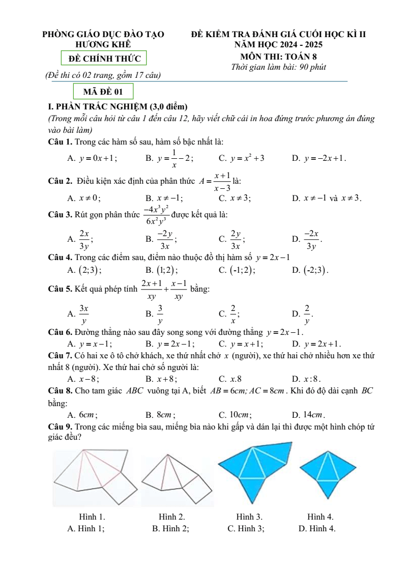 Đề thi Học kì 2 Toán 8 phòng GD&ĐT Hương Khê (Hà Tĩnh) năm 2024-2025