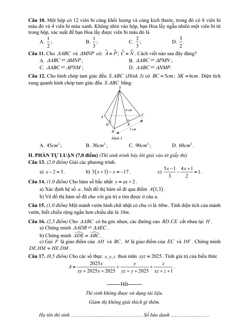 Đề thi Học kì 2 Toán 8 phòng GD&ĐT Hương Khê (Hà Tĩnh) năm 2024-2025
