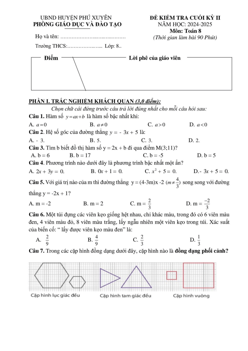 Đề thi Học kì 2 Toán 8 phòng GD&ĐT Phú Xuyên (Hà Nội) năm 2024-2025