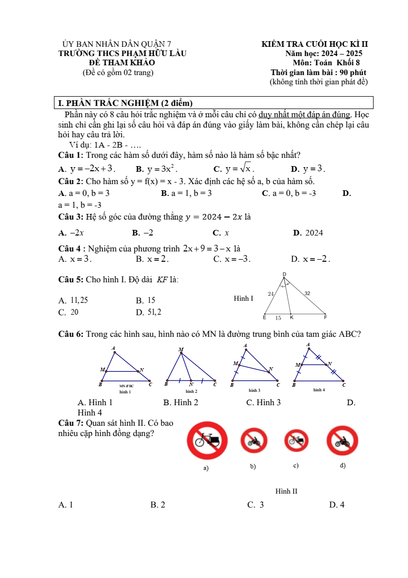 Đề thi Học kì 2 Toán 8 phòng GD&ĐT Quận 7 (Tp.HCM) năm 2024-2025