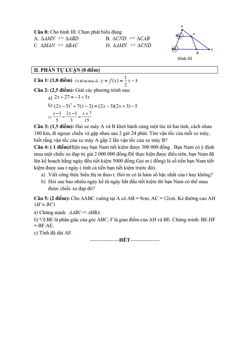 Đề thi Học kì 2 Toán 8 phòng GD&ĐT Quận 7 (Tp.HCM) năm 2024-2025