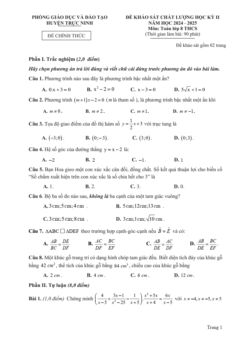 Đề thi Học kì 2 Toán 8 phòng GD&ĐT Trực Ninh (Nam Định) năm 2024-2025