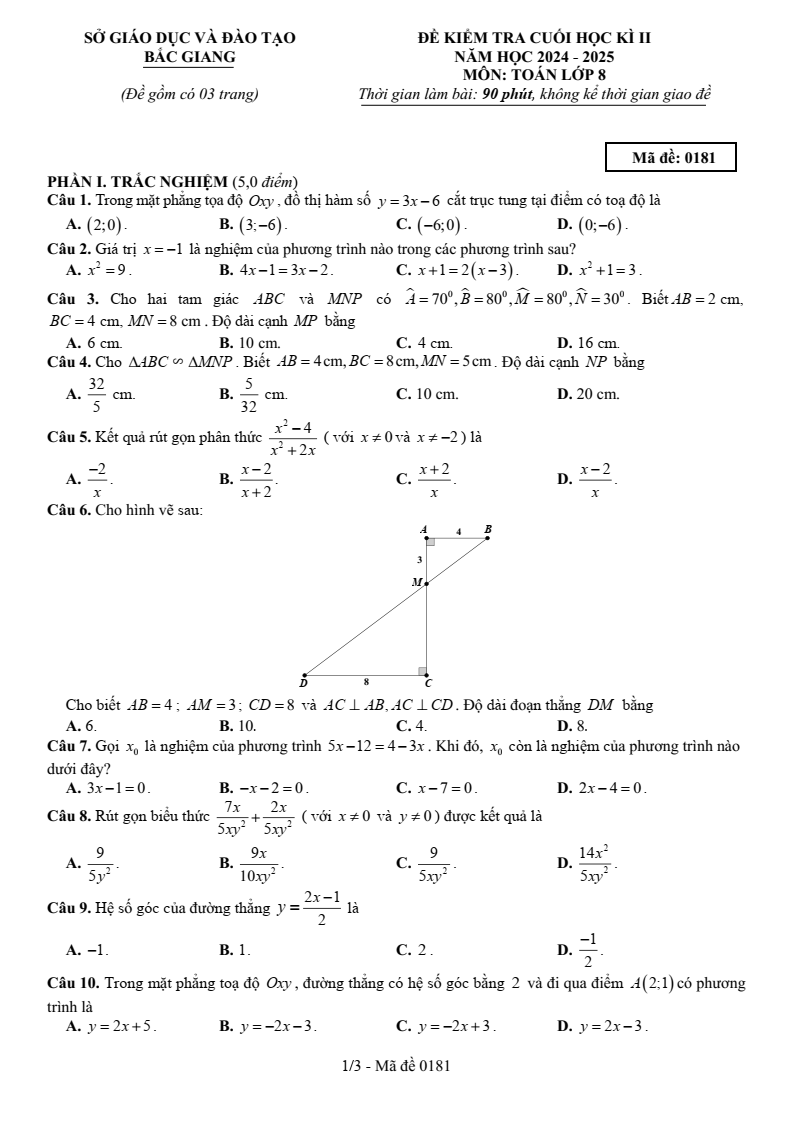 Đề thi Học kì 2 Toán 8 sở GD&ĐT Bắc Giang năm 2024-2025