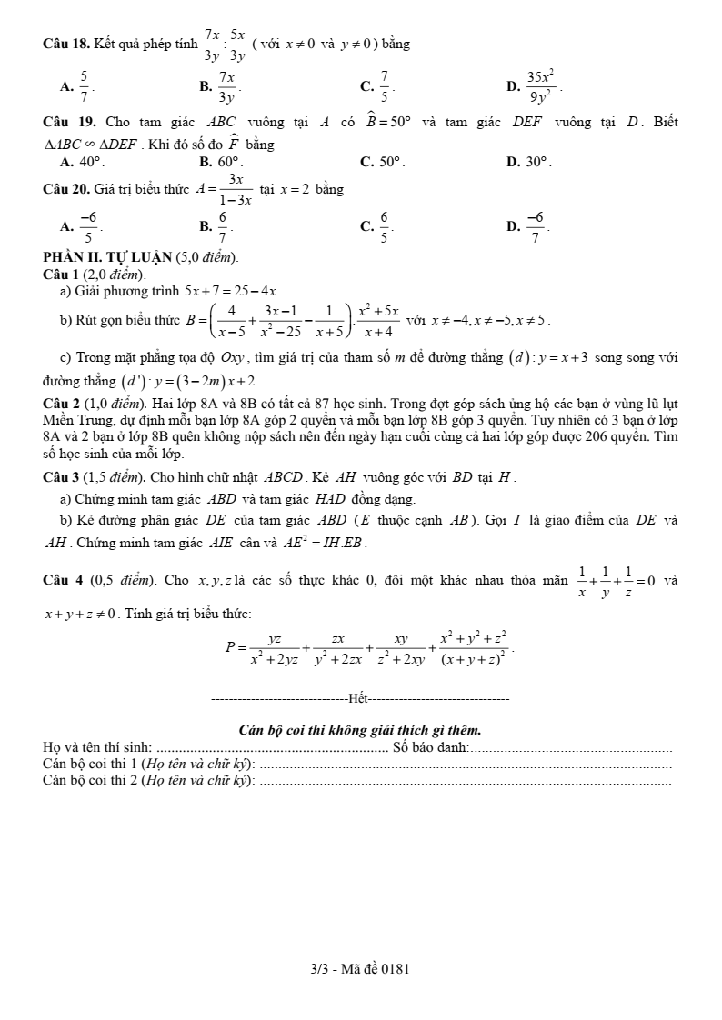 Đề thi Học kì 2 Toán 8 sở GD&ĐT Bắc Giang năm 2024-2025