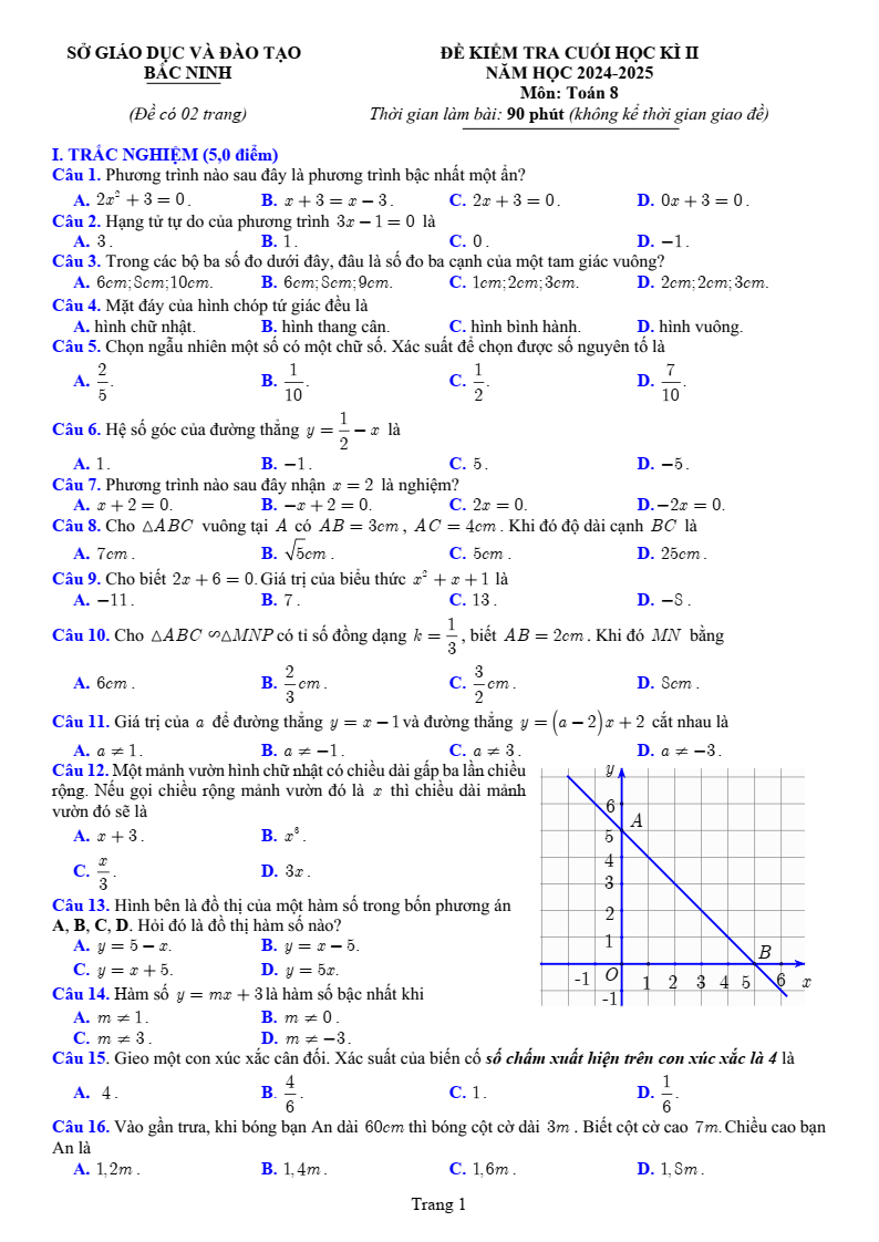 Đề thi Học kì 2 Toán 8 sở GD&ĐT Bắc Ninh năm 2024-2025
