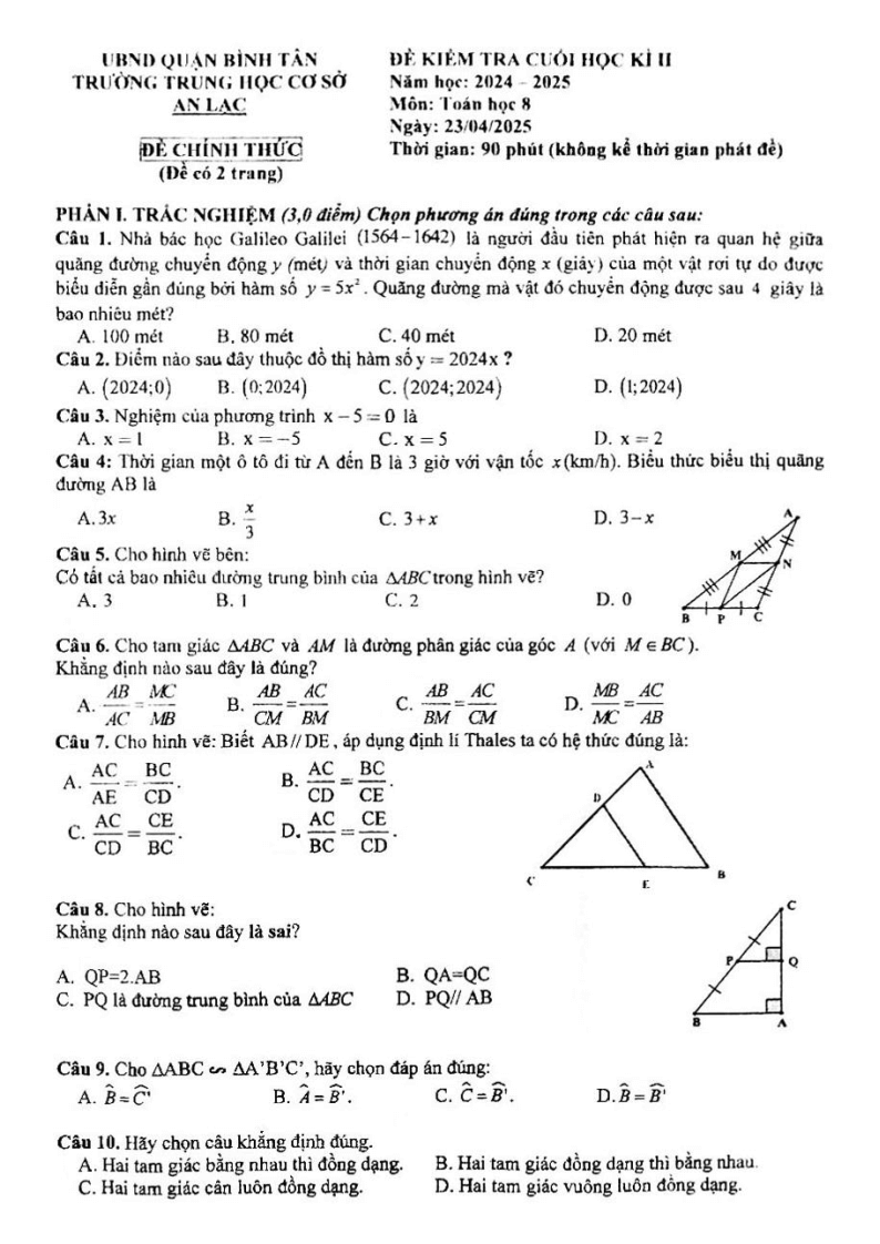 Đề thi Học kì 2 Toán 8 trường THCS An Lạc (Tp.HCM) năm 2024-2025