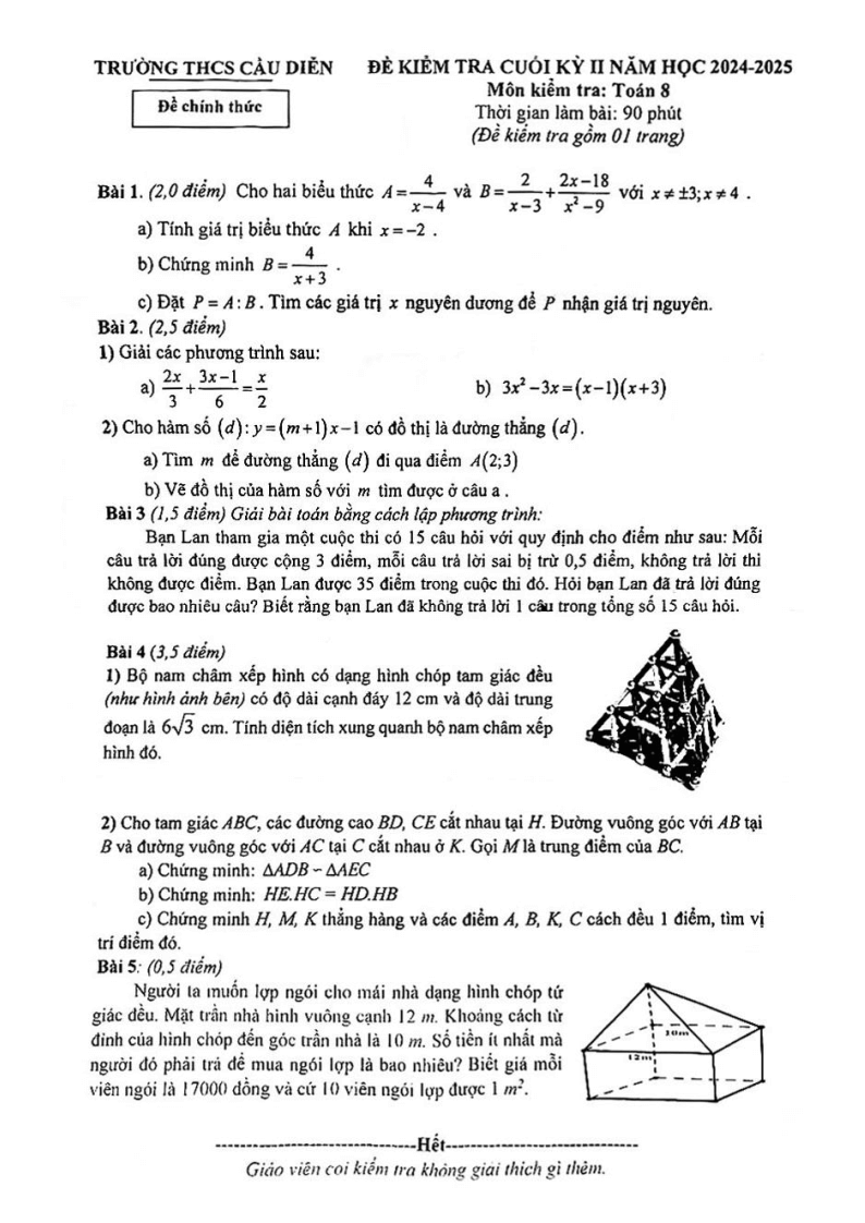 Đề thi Học kì 2 Toán 8 trường THCS Cầu Diễn (Hà Nội) năm 2024-2025