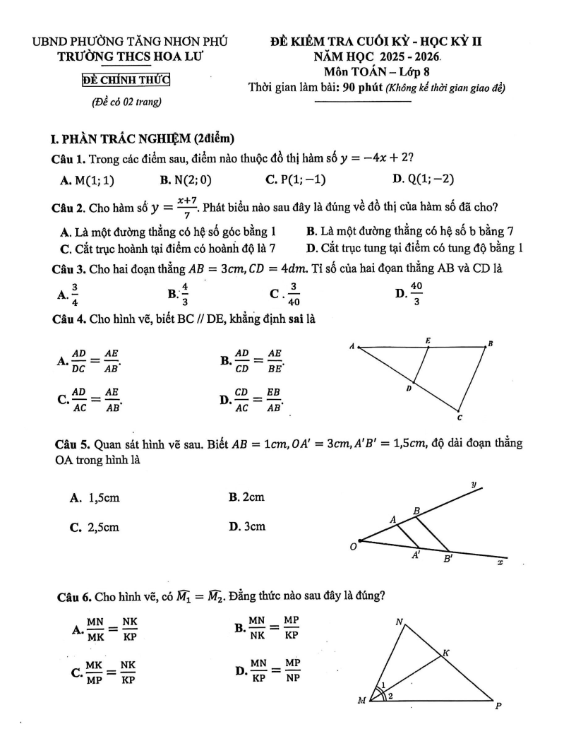 Đề thi Học kì 2 Toán 8 trường THCS Hoa Lư (TP HCM) năm 2025-2026