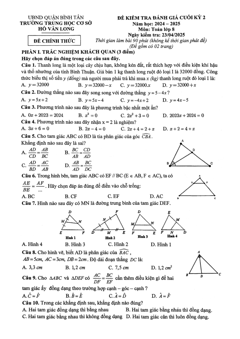 Đề thi Học kì 2 Toán 8 trường THCS Hồ Văn Long (Tp.HCM) năm 2024-2025