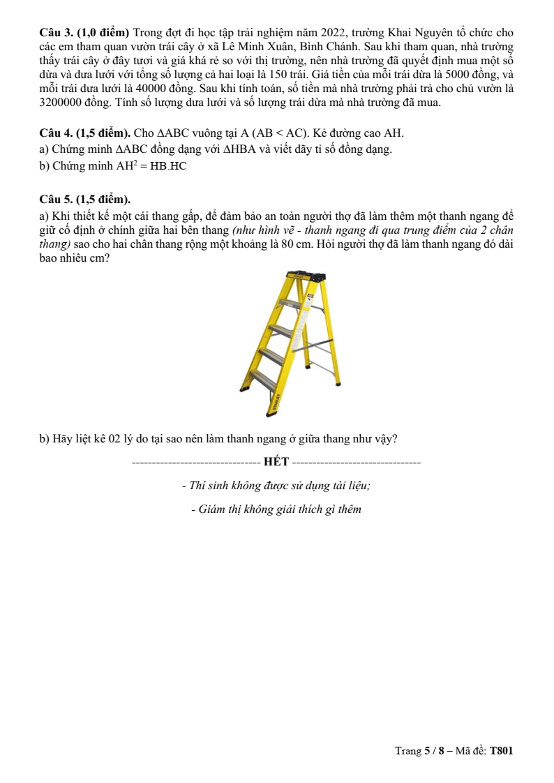 Đề thi Học kì 2 Toán 8 trường TH-THCS-THPT Khai Nguyên (TP HCM) năm 2025-2026