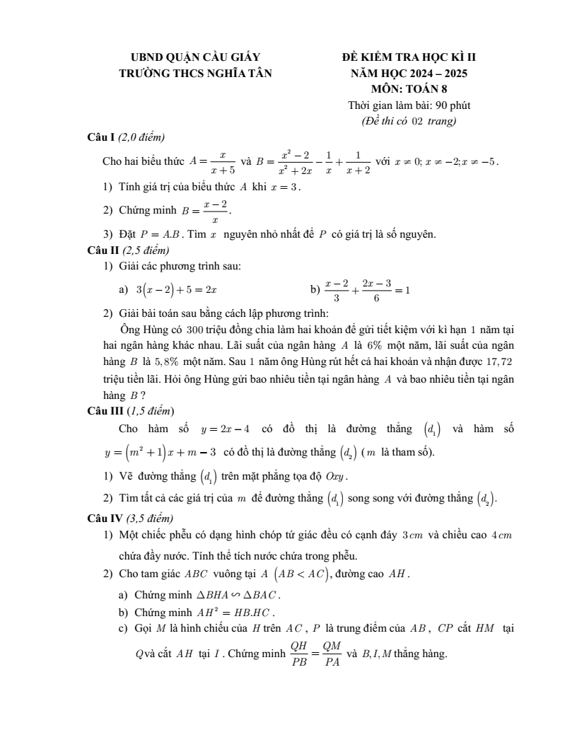 Đề thi Học kì 2 Toán 8 trường THCS Nghĩa Tân (Hà Nội) năm 2024-2025