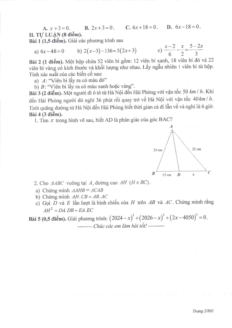 Đề thi Học kì 2 Toán 8 trường THCS Phúc Đồng (Hà Nội) năm 2024-2025