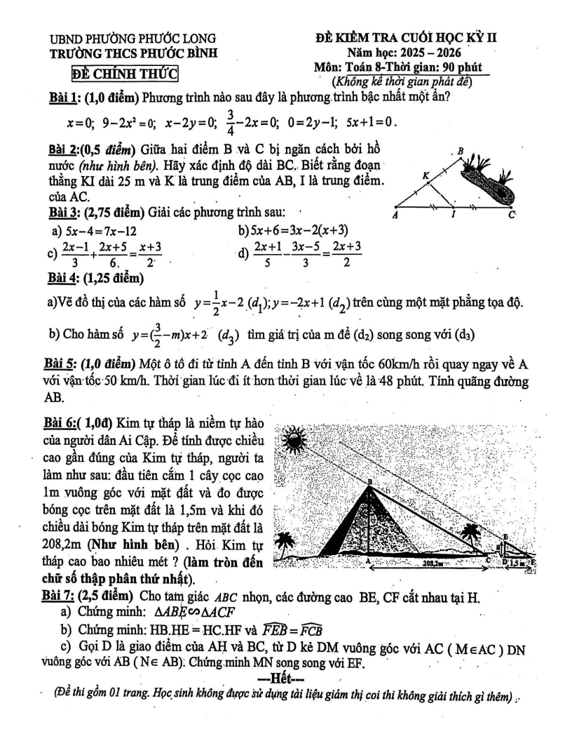 Đề thi Học kì 2 Toán 8 trường THCS Phước Bình (TP HCM) năm 2025-2026