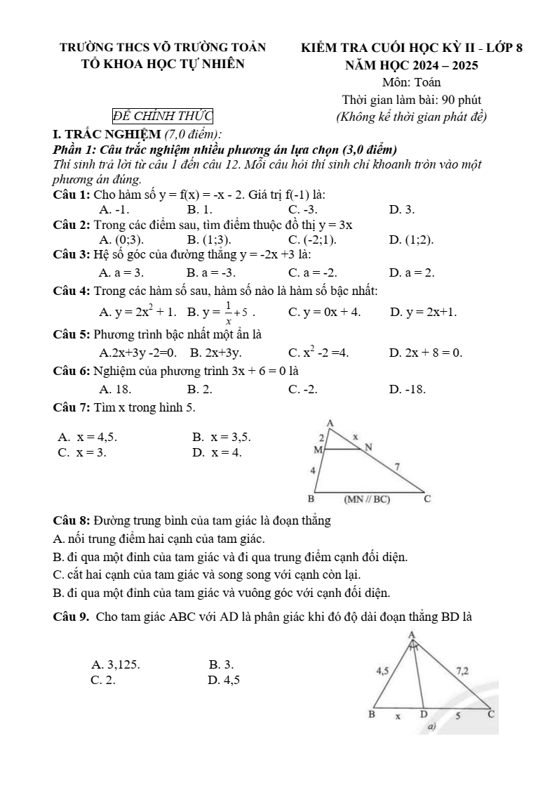 Đề thi Học kì 2 Toán 8 trường THCS Võ Trường Toản (Bà Rịa - Vũng Tàu) năm 2024-2025