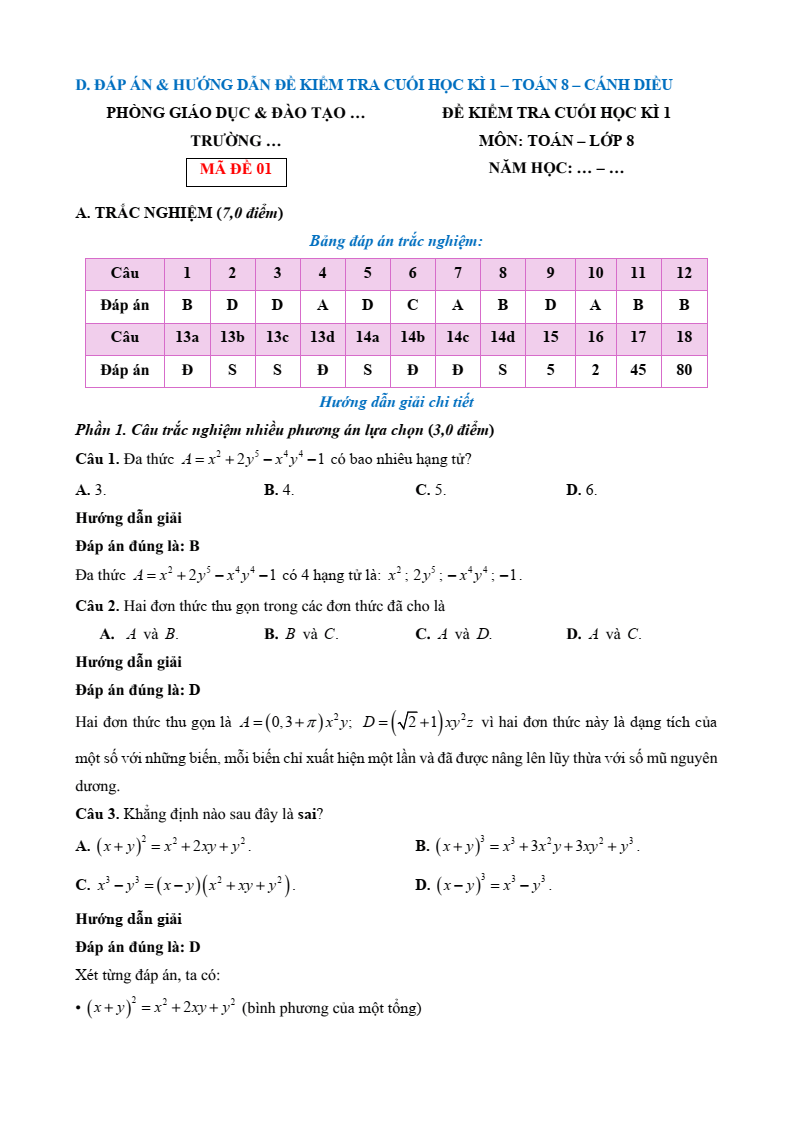 25 Đề thi Học kì 1 Toán 8 Cánh diều (có đáp án, cấu trúc mới)