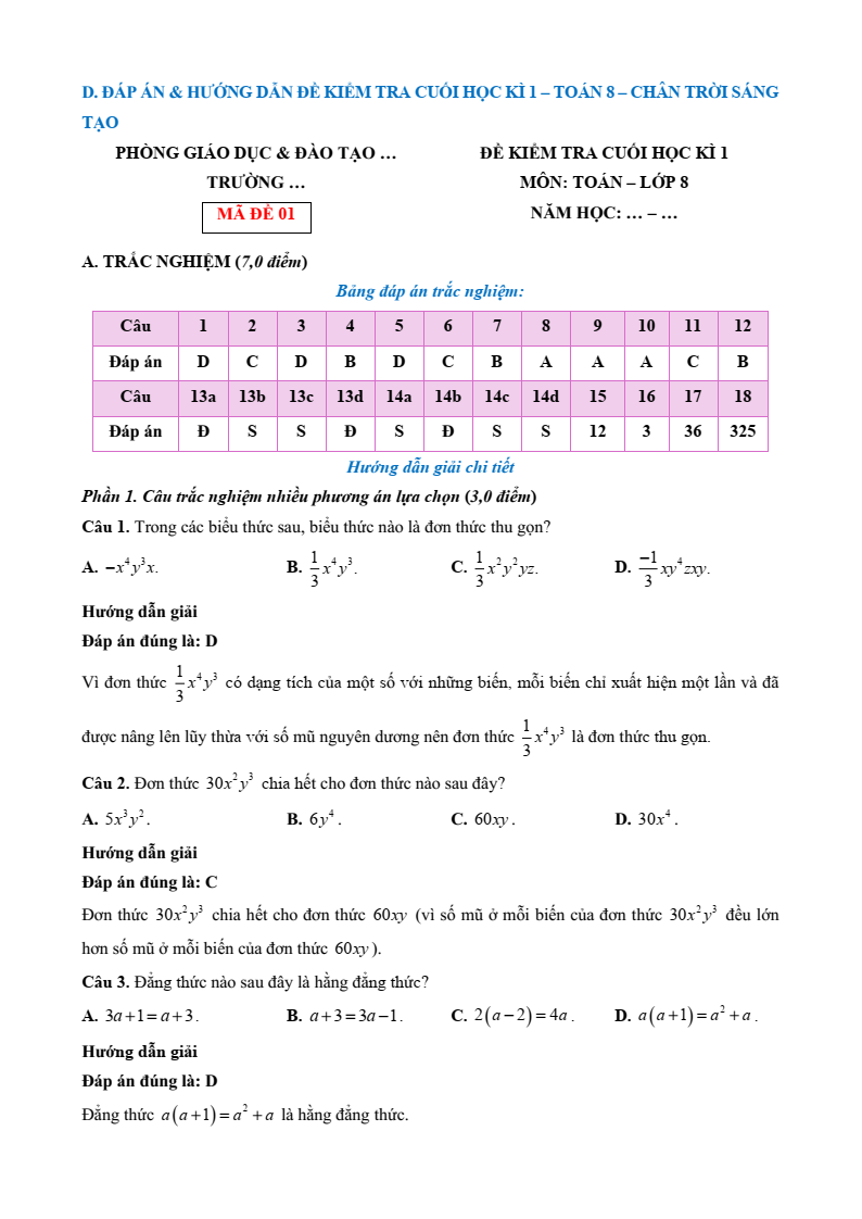 22 Đề thi Học kì 1 Toán 8 Chân trời sáng tạo (có đáp án, cấu trúc mới)