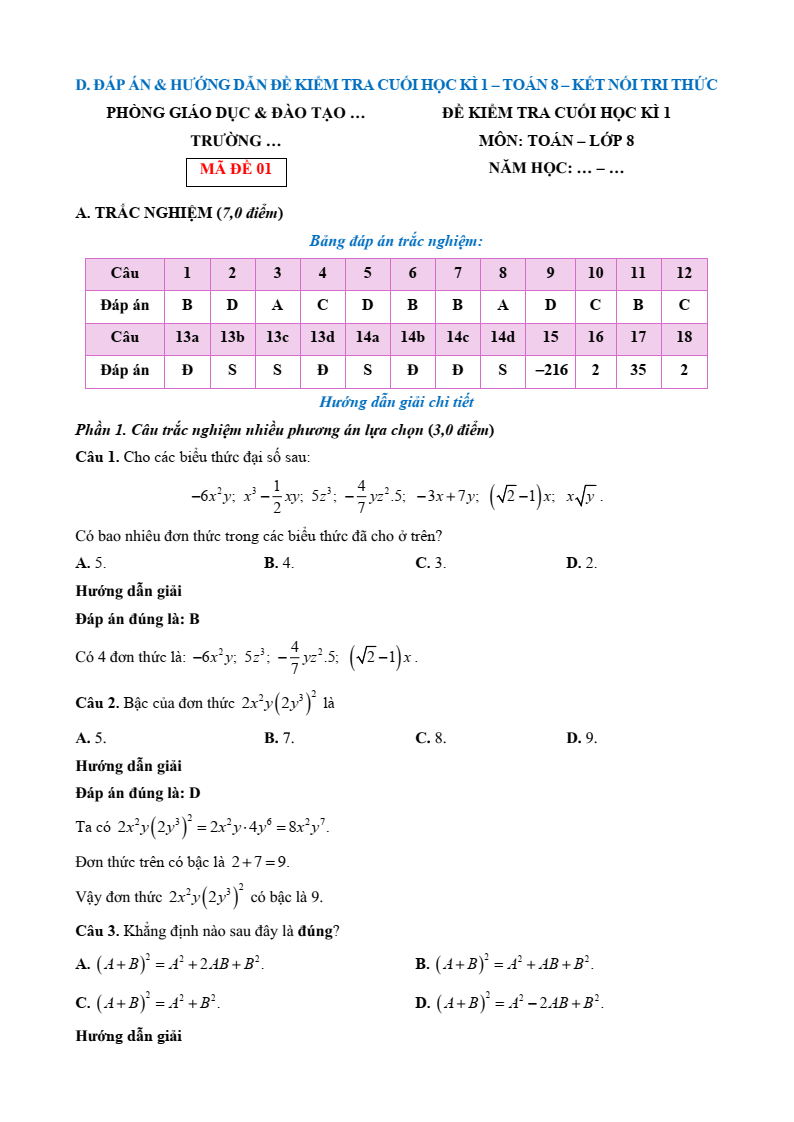 27 Đề thi Học kì 1 Toán 8 Kết nối tri thức (có đáp án, cấu trúc mới)