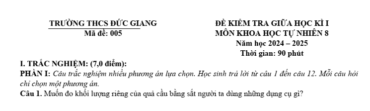 Đề thi Giữa kì 1 KHTN 8 năm 2025-2026 trường THCS Đức Giang (Hà Nội)