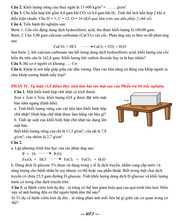Đề thi Giữa kì 1 KHTN 8 năm 2024-2025 trường THCS Ngô Gia Tự (Hà Nội)