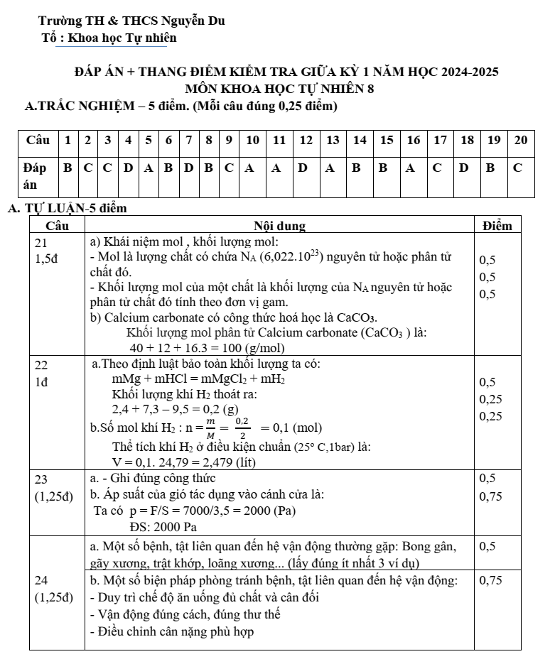 Đề thi Giữa kì 1 KHTN 8 năm 2024-2025 trường THCS Nguyễn Du (Quảng Nam)