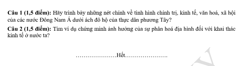 Đề thi Giữa kì 1 Lịch Sử và Địa Lí 8 năm 2025-2026 trường THCS Ngọc Thụy (Hà Nội)