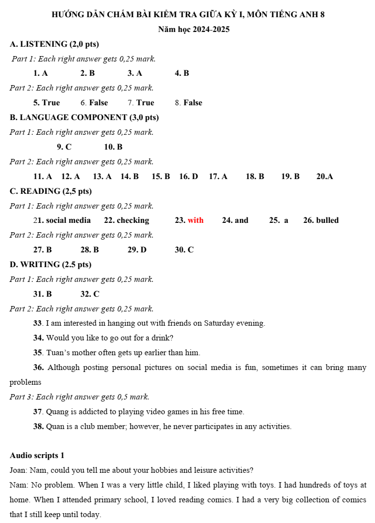 Đề thi Giữa kì 1 Tiếng Anh 8 năm 2024-2025 trường TH&THCS Nguyễn Du (Quảng Nam)