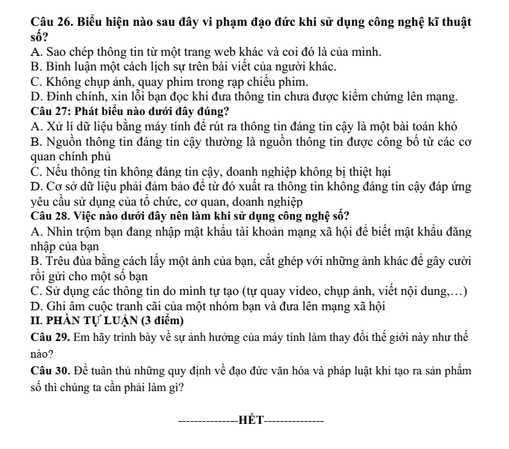 Đề thi Giữa kì 1 Tin học 8 năm 2024-2025 trường THCS Đức Giang (Hà Nội)