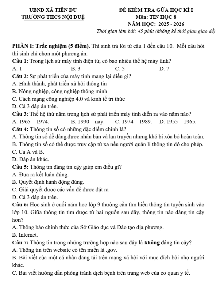 Đề thi Giữa kì 1 Tin học 8 năm 2025-2026 trường THCS Nội Duệ (Bắc Ninh)