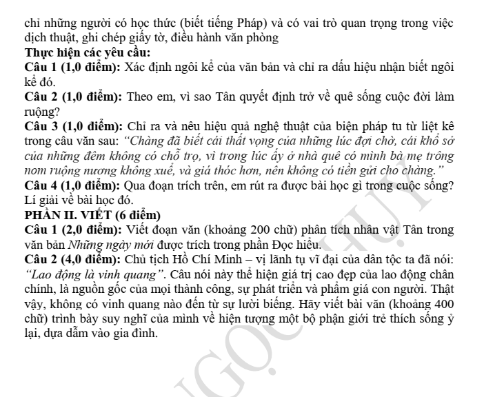 Đề thi Học kì 1 Văn 8 năm 2025-2026 trường THCS Ngọc Thụy (Hà Nội)
