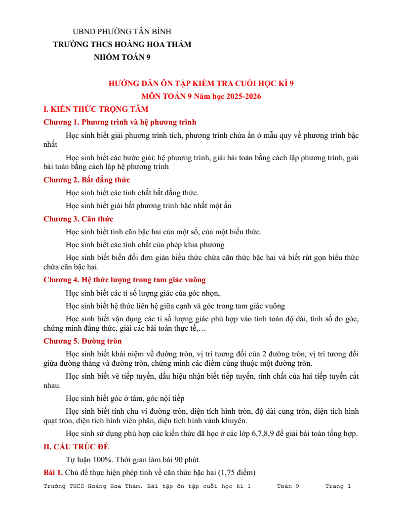 Đề cương ôn tập Học kì 1 Toán 9 trường THCS Hoàng Hoa Thám năm 2025-2026