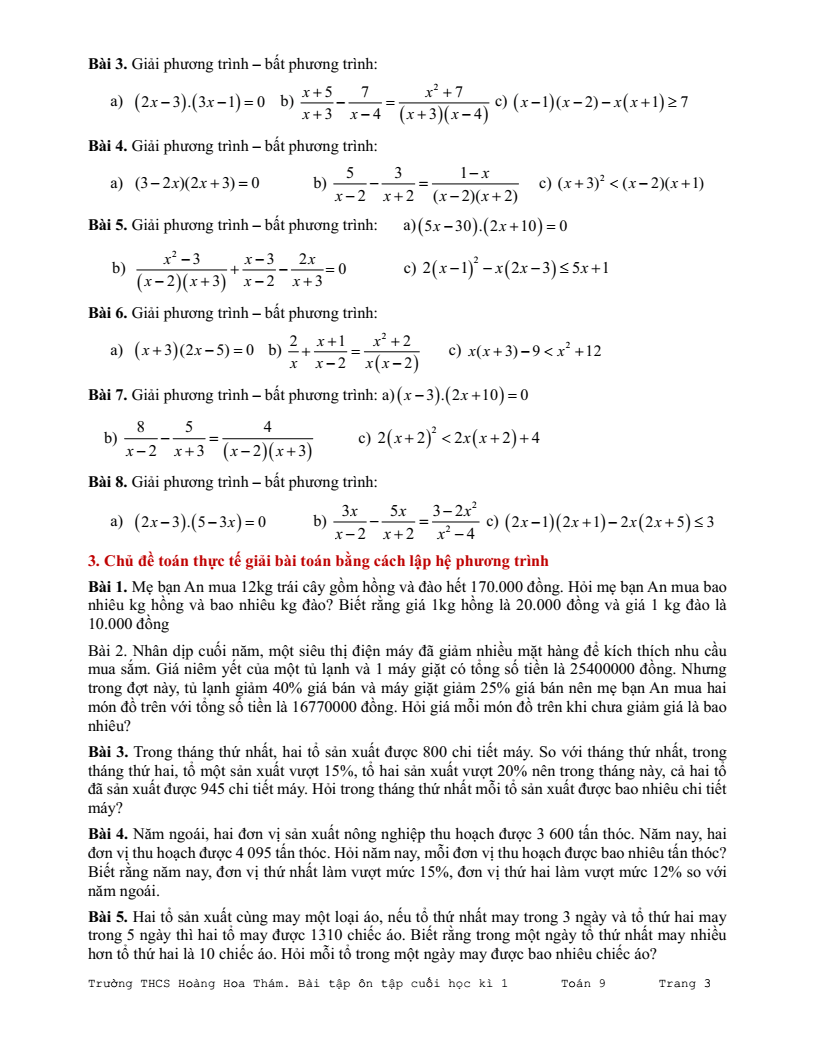 Đề cương ôn tập Học kì 1 Toán 9 trường THCS Hoàng Hoa Thám năm 2025-2026