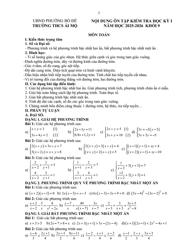 Đề cương ôn tập Học kì 1 Toán 9 trường THCS Ái Mộ năm 2025-2026