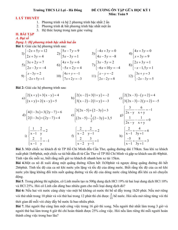 Đề cương ôn tập Giữa kì 1 Toán 9 trường THCS Lê Lợi năm 2025-2026