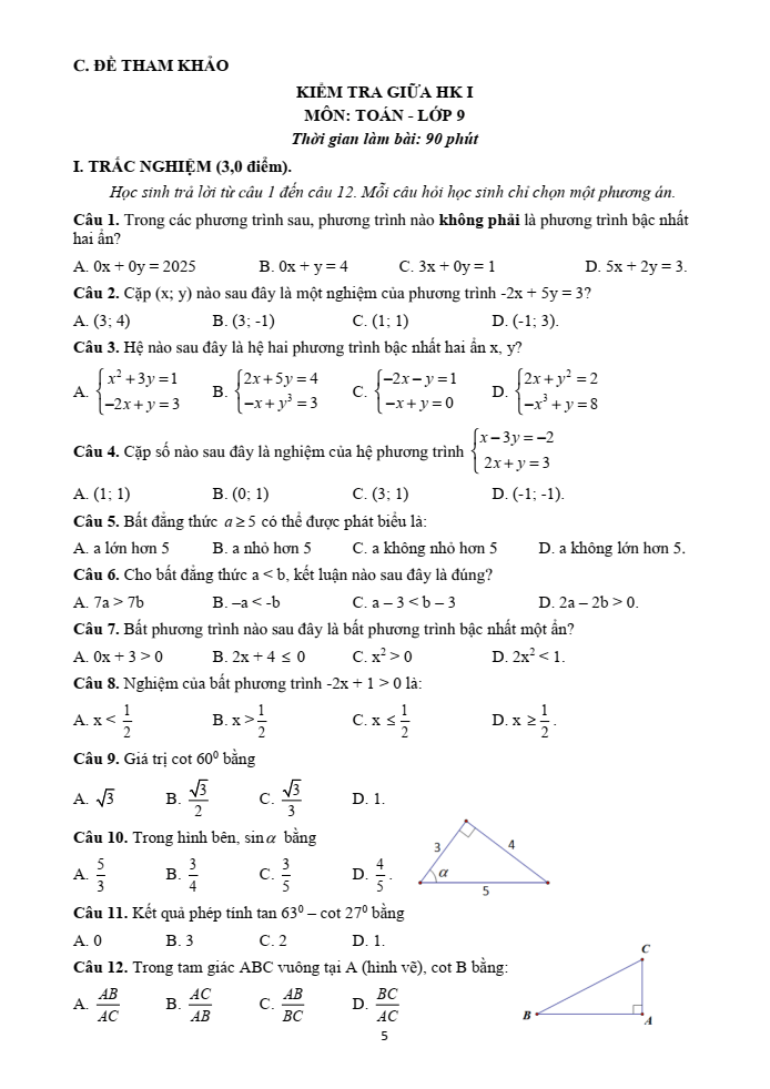 Đề cương ôn tập Giữa kì 1 Toán 9 trường THCS Long Toàn năm 2025-2026