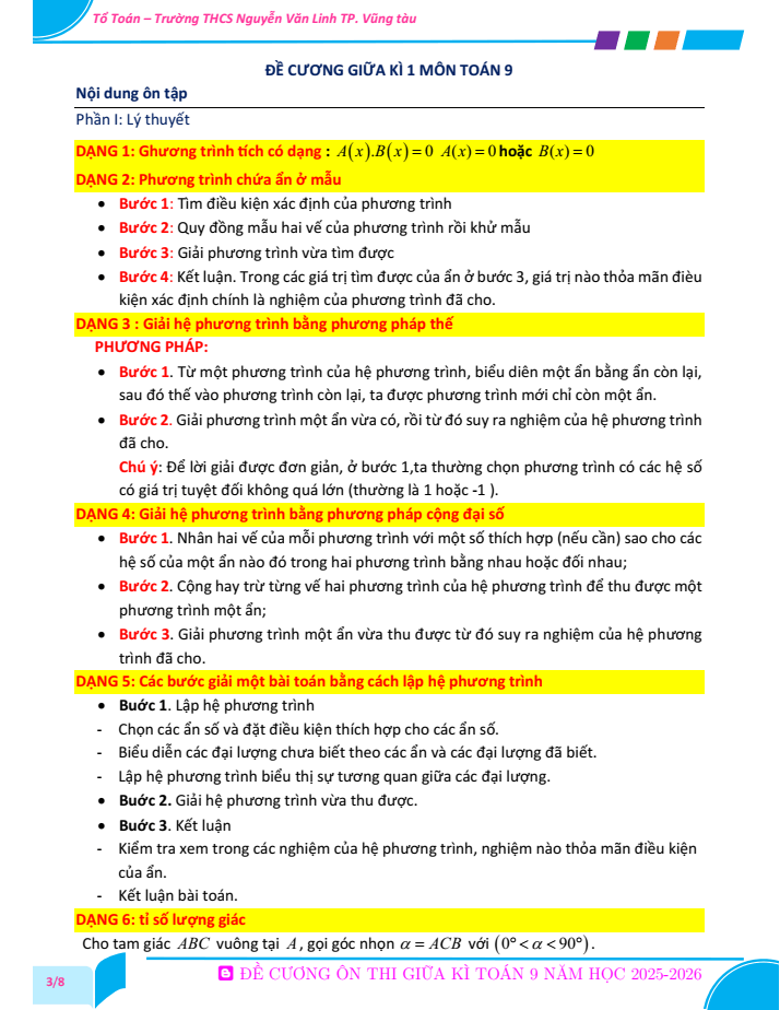 Đề cương ôn tập Giữa kì 1 Toán 9 trường THCS Nguyễn Văn Linh năm 2025-2026