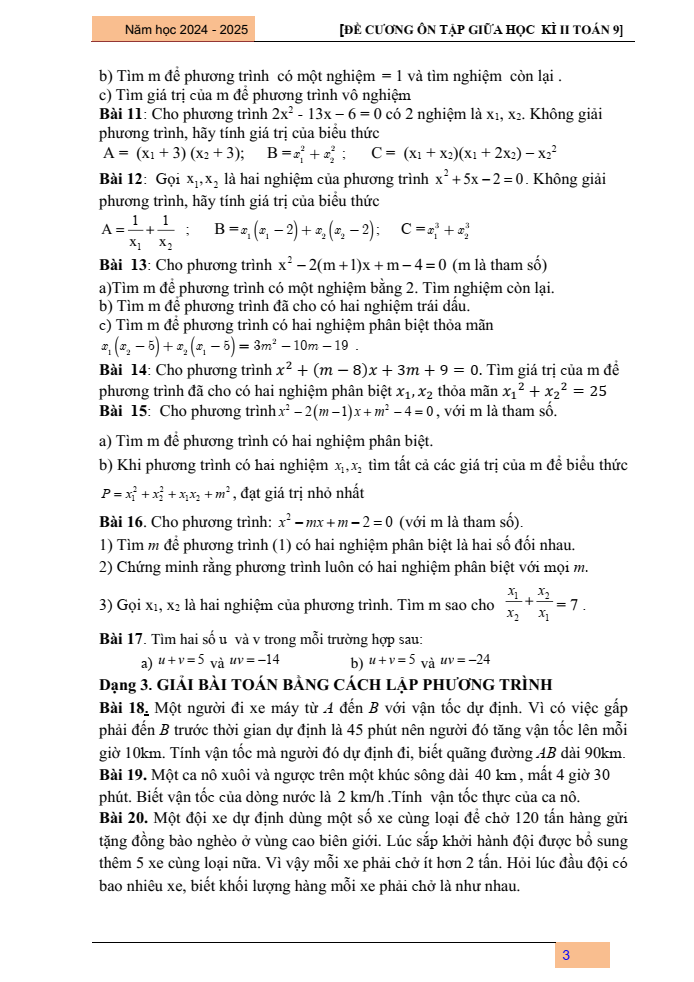Đề cương ôn tập Giữa kì 2 Toán 9 trường THCS Đa Tốn năm 2024-2025