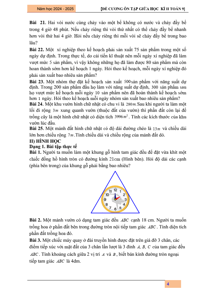 Đề cương ôn tập Giữa kì 2 Toán 9 trường THCS Đa Tốn năm 2024-2025