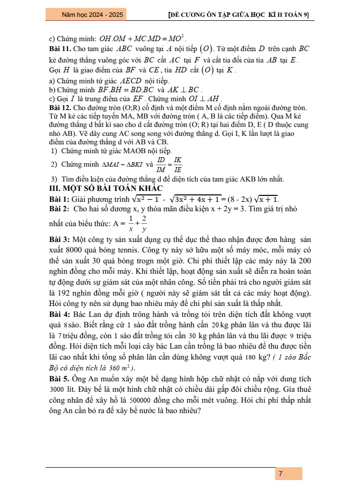 Đề cương ôn tập Giữa kì 2 Toán 9 trường THCS Đa Tốn năm 2024-2025