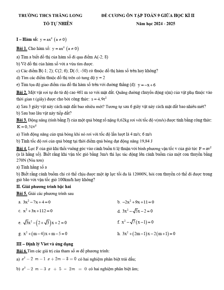 Đề cương ôn tập Giữa kì 2 Toán 9 trường THCS Thăng Long năm 2024-2025