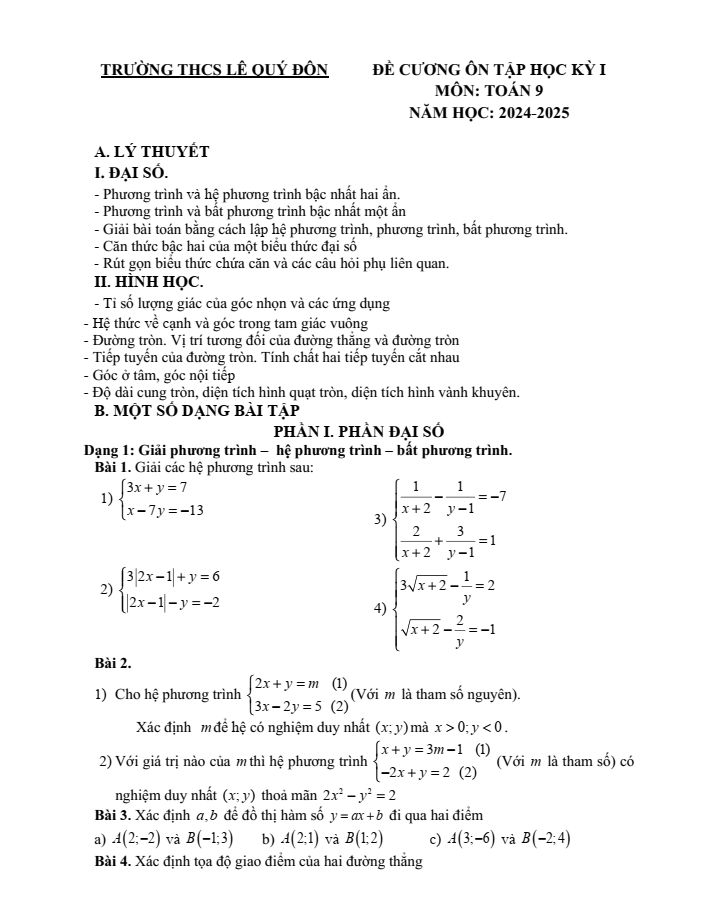 Đề cương ôn tập Học kì 1 Toán 9 trường THCS Lê Quý Đôn năm 2024-2025