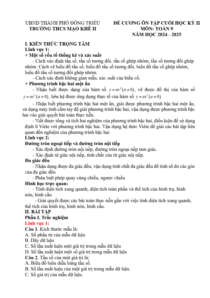 Đề cương ôn tập Học kì 2 Toán 9 trường THCS Mạo Khê II năm 2024-2025