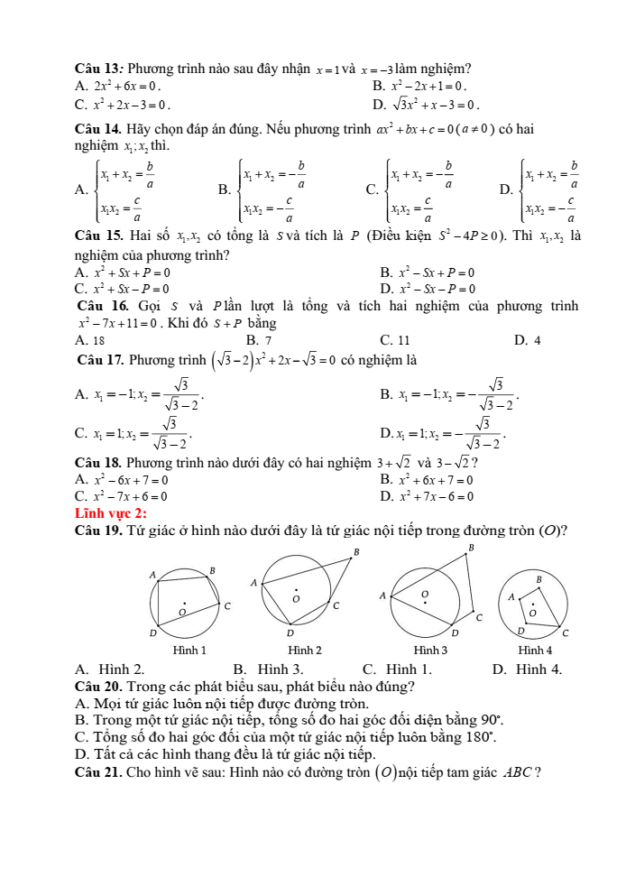 Đề cương ôn tập Học kì 2 Toán 9 trường THCS Mạo Khê II năm 2024-2025