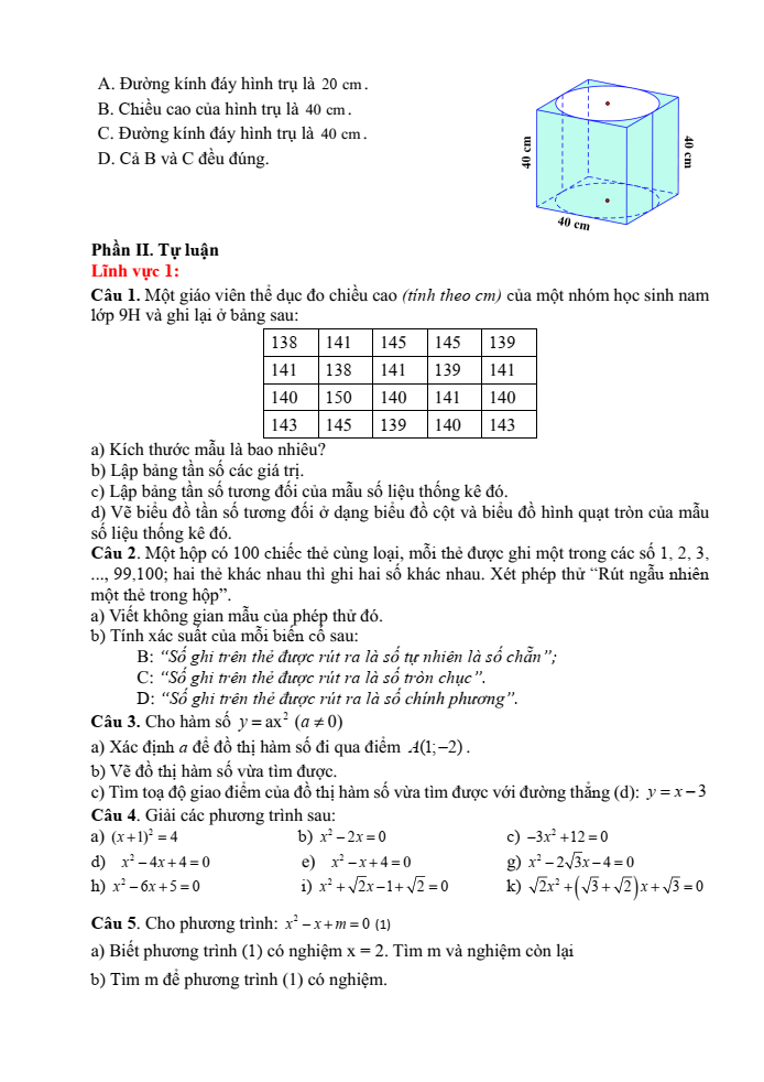 Đề cương ôn tập Học kì 2 Toán 9 trường THCS Mạo Khê II năm 2024-2025