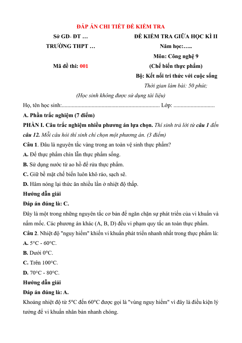 Đề thi Giữa kì 2 Công nghệ 9 Kết nối tri thức Chế biến thực phẩm (có đáp án)